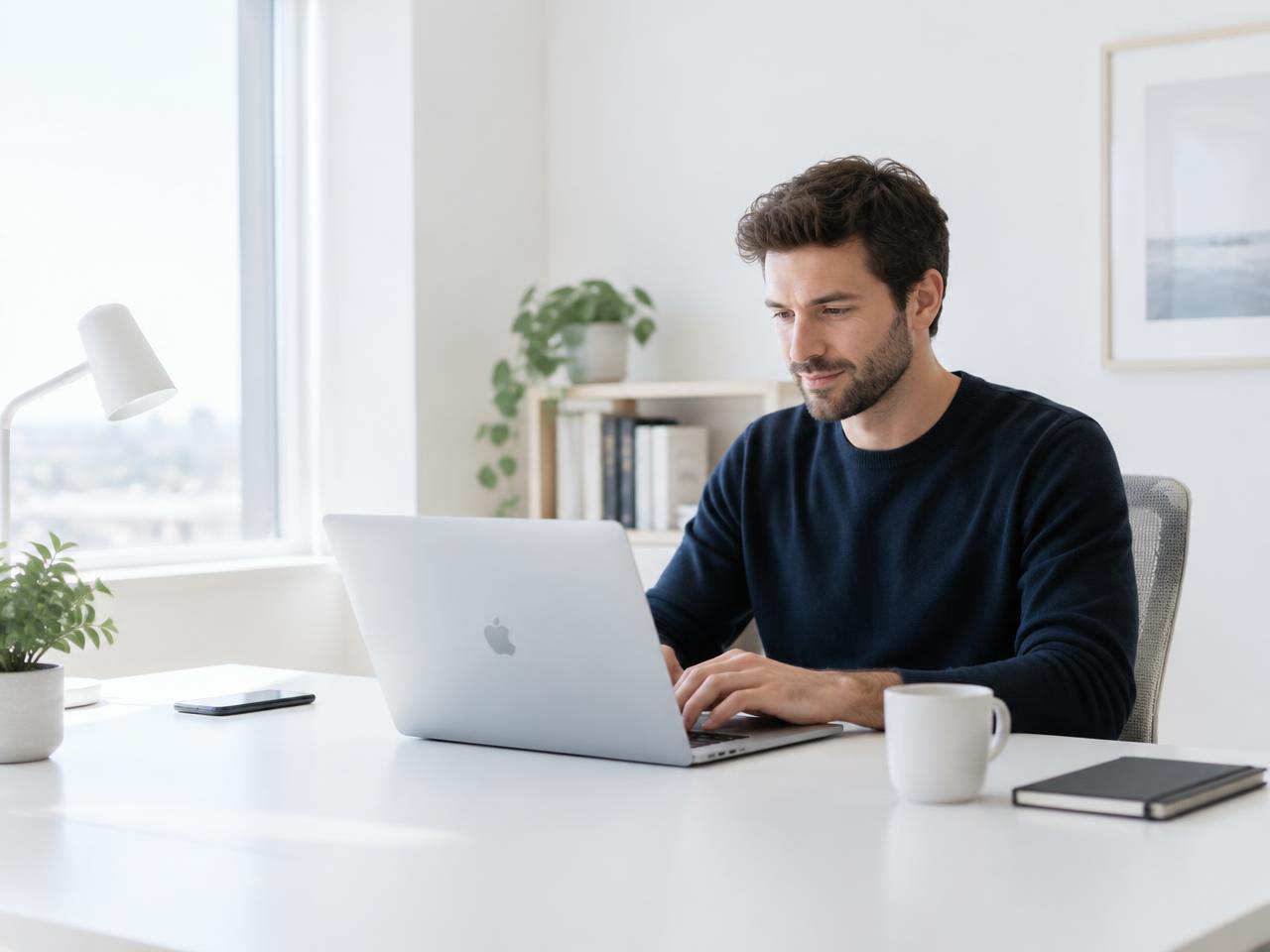 Freiberufler arbeitet konzentriert am Laptop in einem hellen Büro